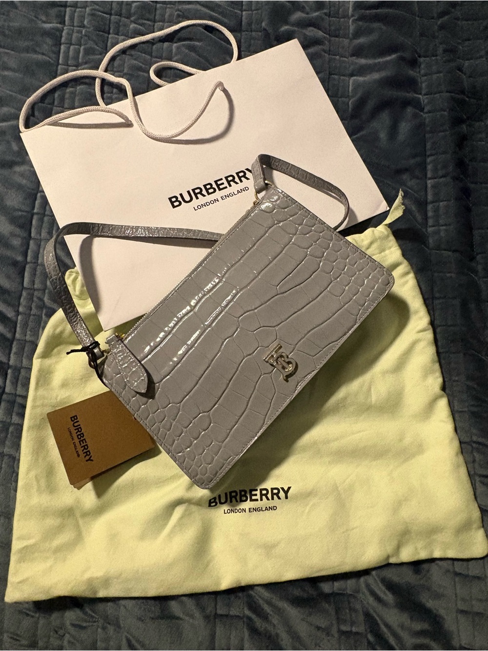 Burberry Calfskin Alligator Embossed Mini TB Shoulder Bag Gray